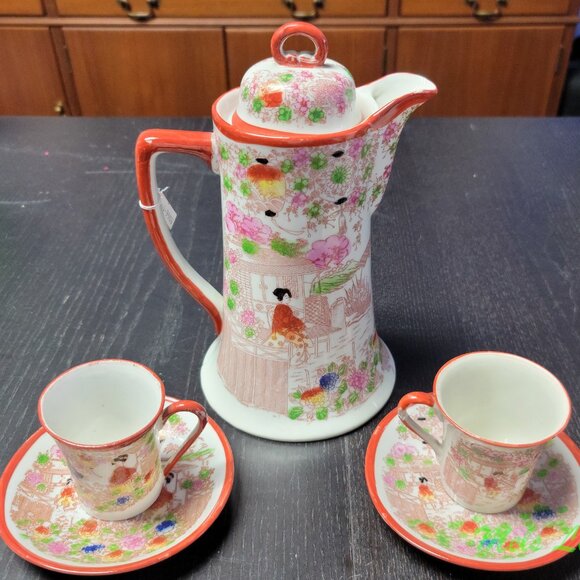 Japanese Geisha Coffee Pot and Matching Cup and Saucer